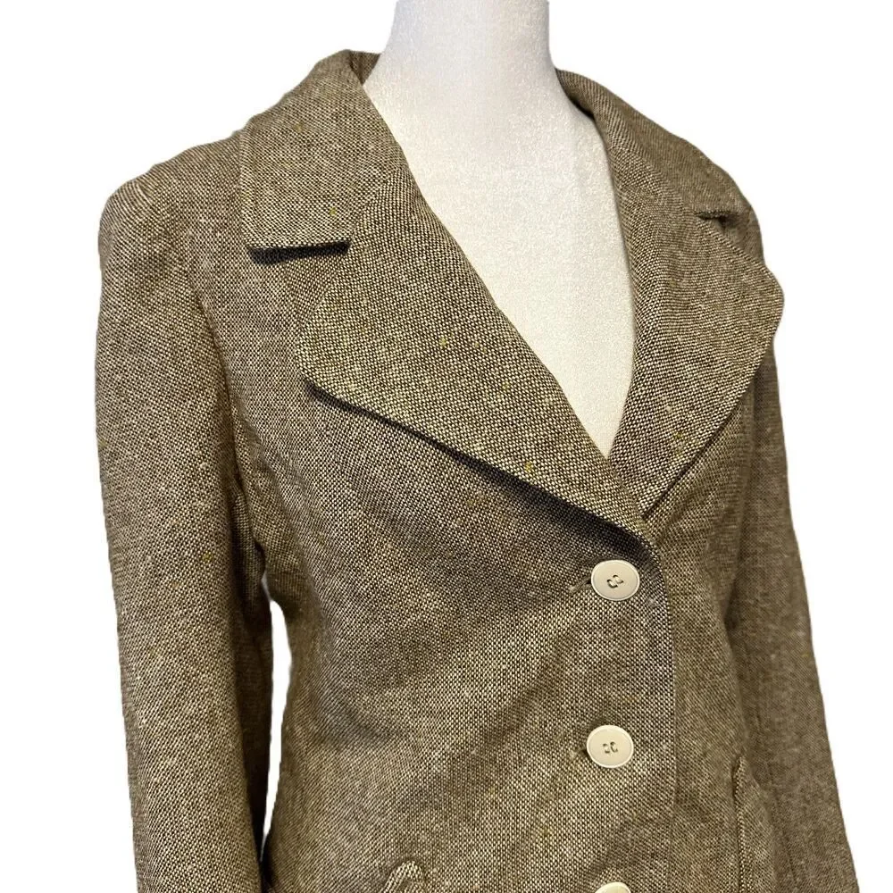 Vintage Womens Tweed Blazer Tan Brown Wool Size XS Daphne Raven London Academia
